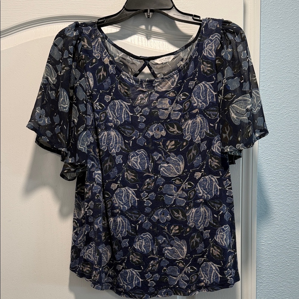 Lucky Brand Blue Floral Sheer Blouse